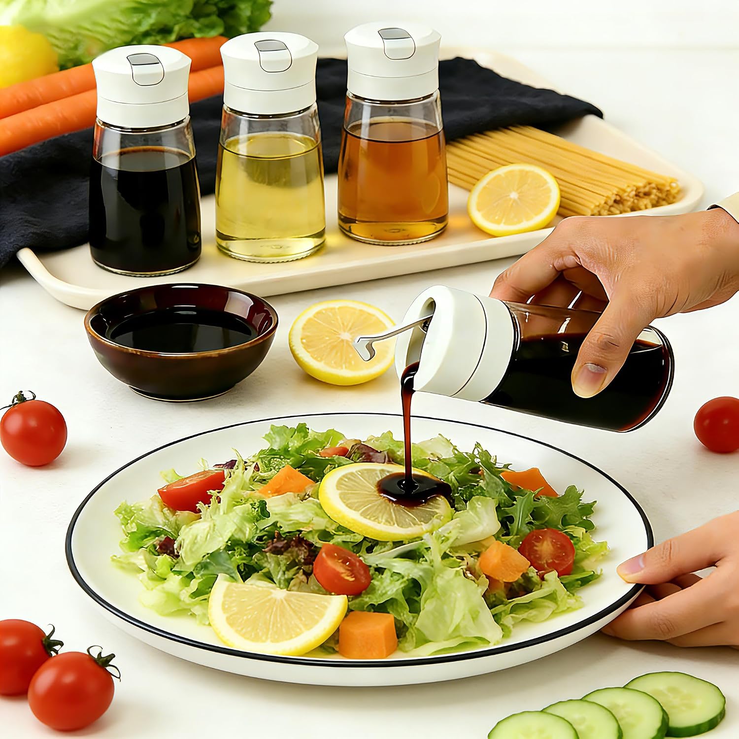 Soy Sauce Dispenser, 8.45oz Non-Drip Spout Cruet for Olive Oil, Vinegar, and Soy Sauce with Auto Flip Cap, Glass Dispenser Bottle for Kitchen Cooking