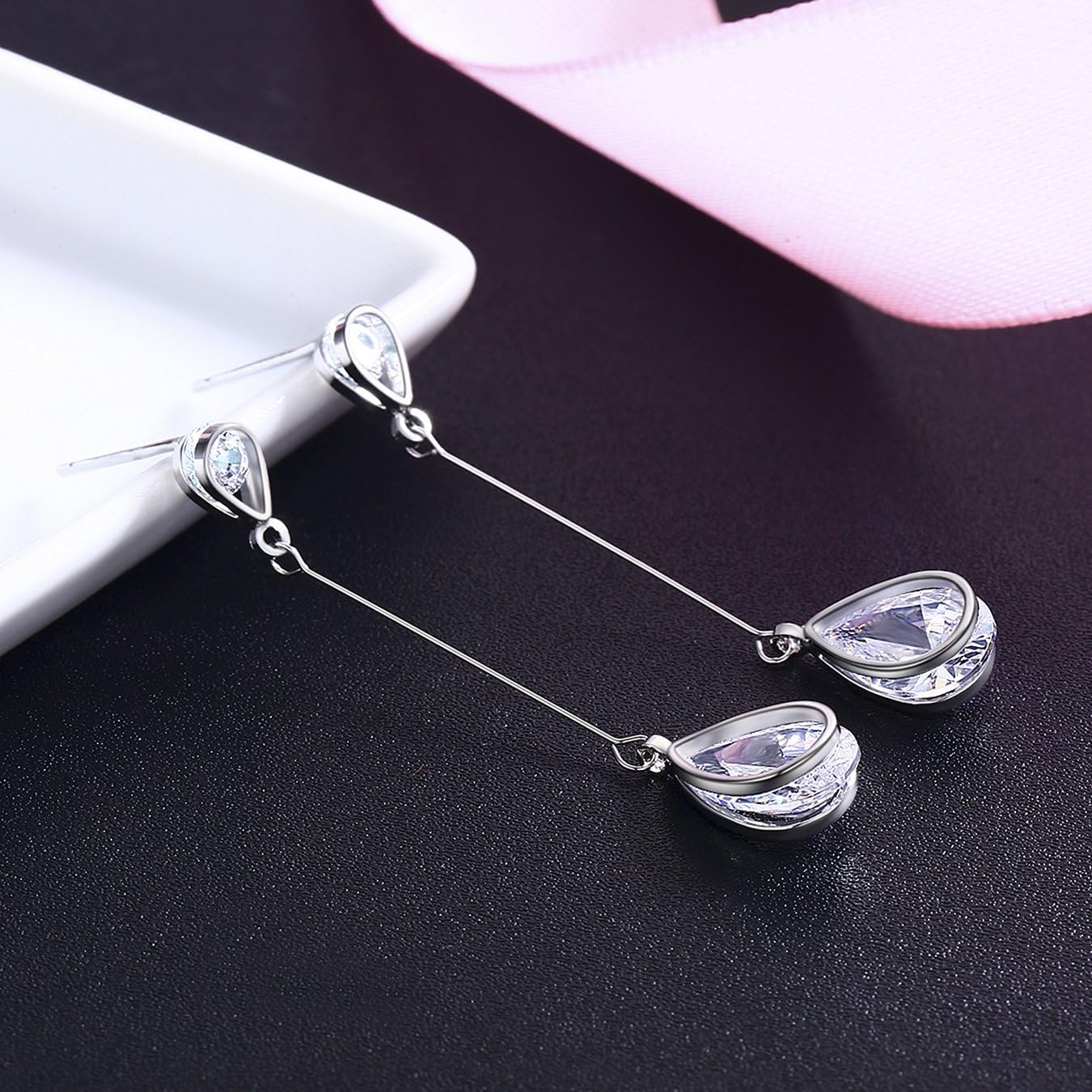 SBLING Cubic Zirconia Teardrop Earrings, Diamond Earrings, Wedding Earrings for Brides Bridesmaids, Bridal Dangle Earrings, Teardrop Crystal Drop earrings for Women Jewelry Gifts - Image 3