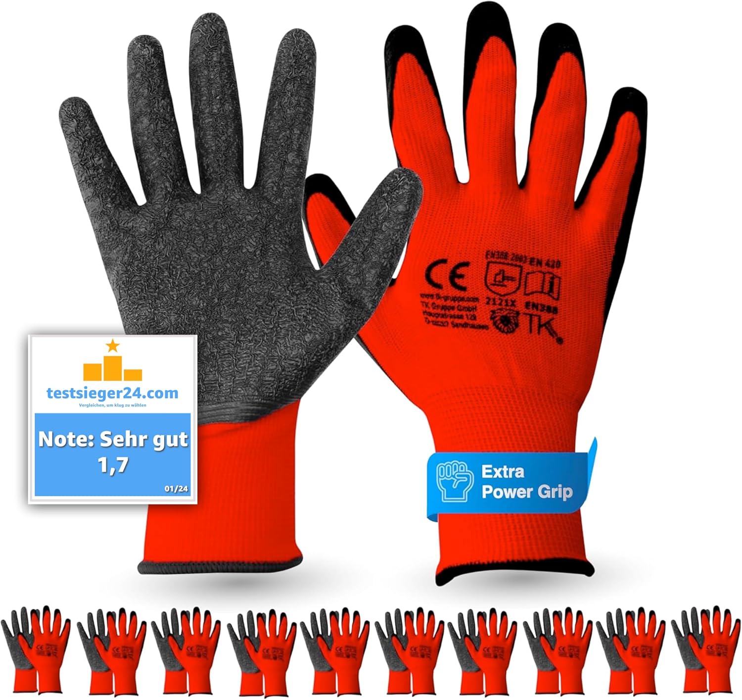 EN388 Red - Extra Power Grip - Size 9L - Work Gloves - Work Gloves - Assembly & Mechanic Gloves for Men and Women - Breathable - Gloves