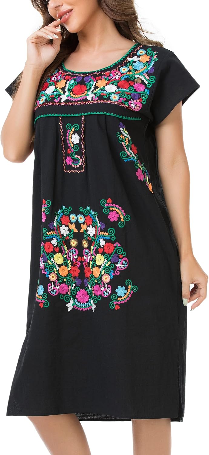 YZXDORWJ Women Mexican Embroidered Long Dress Ruffle Collar Maxi Boho Floral Summer Short Sleeve