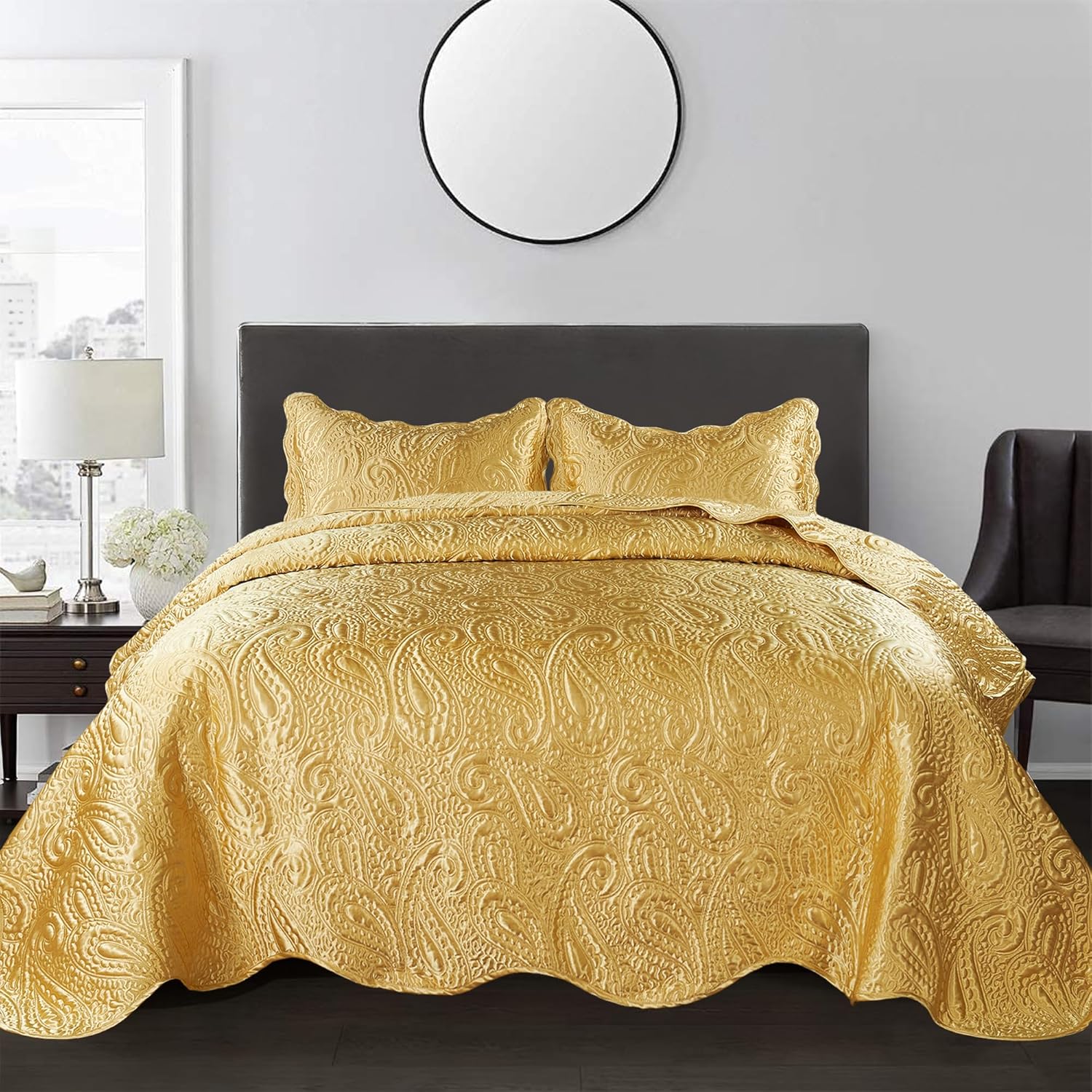 Home Soft Things King Size Quilted Satin Bedspread Set - 3-Piece Luxury Reversible Bed Cover, Silky Soft Shiny & Lightweight Quilt for All Seasons, Embroidered Paisley Design, 108x96 Inches, Gold