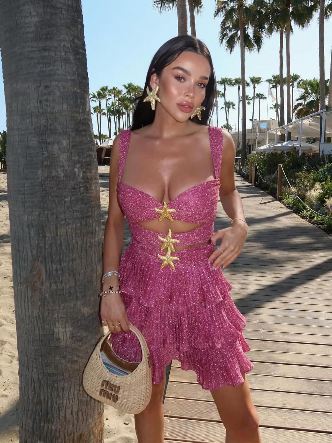 Women Y2k Glitter Starfish Short Dress Sleeveless Tiered Ruffle Hem Mini Dress Hollow Cut Out Beach Party Dresses - Image 2