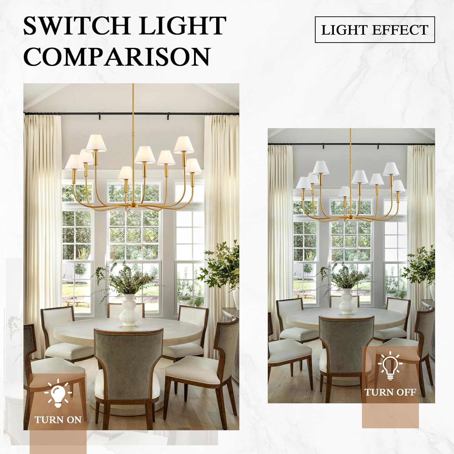 Modern Gold Chandelier, 8-Light Farmhouse Chandelier with Whte Fabric Shades, 41.5’’ Large Chandelier for Dining Room Linear Pendant Light Fixture for Living Room Foyer Staircase, UL Listed