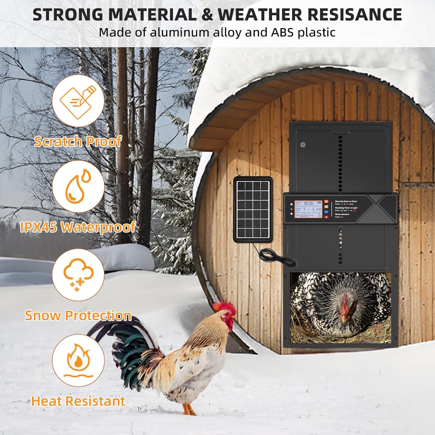 Sequence showing anti-pinch mechanism: chicken stuck, door bounces up, then closes after 10 seconds