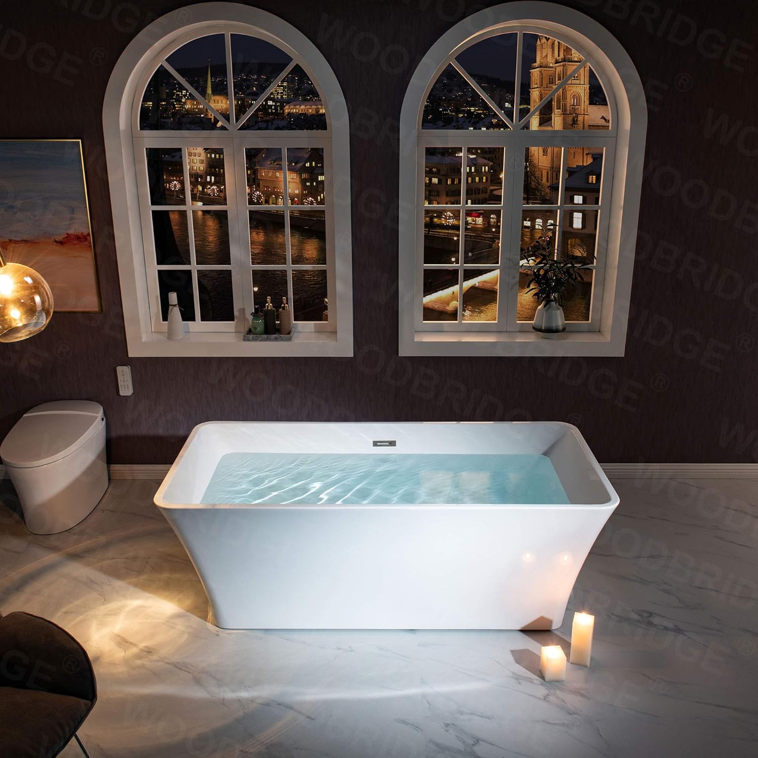 WOODBRIDGE 67" Acrylic Freestanding Bathtub Contemporary Soaking White Tub with Brushed Nickel Overflow and Drain，BTS1609 -B/N-Drain &O