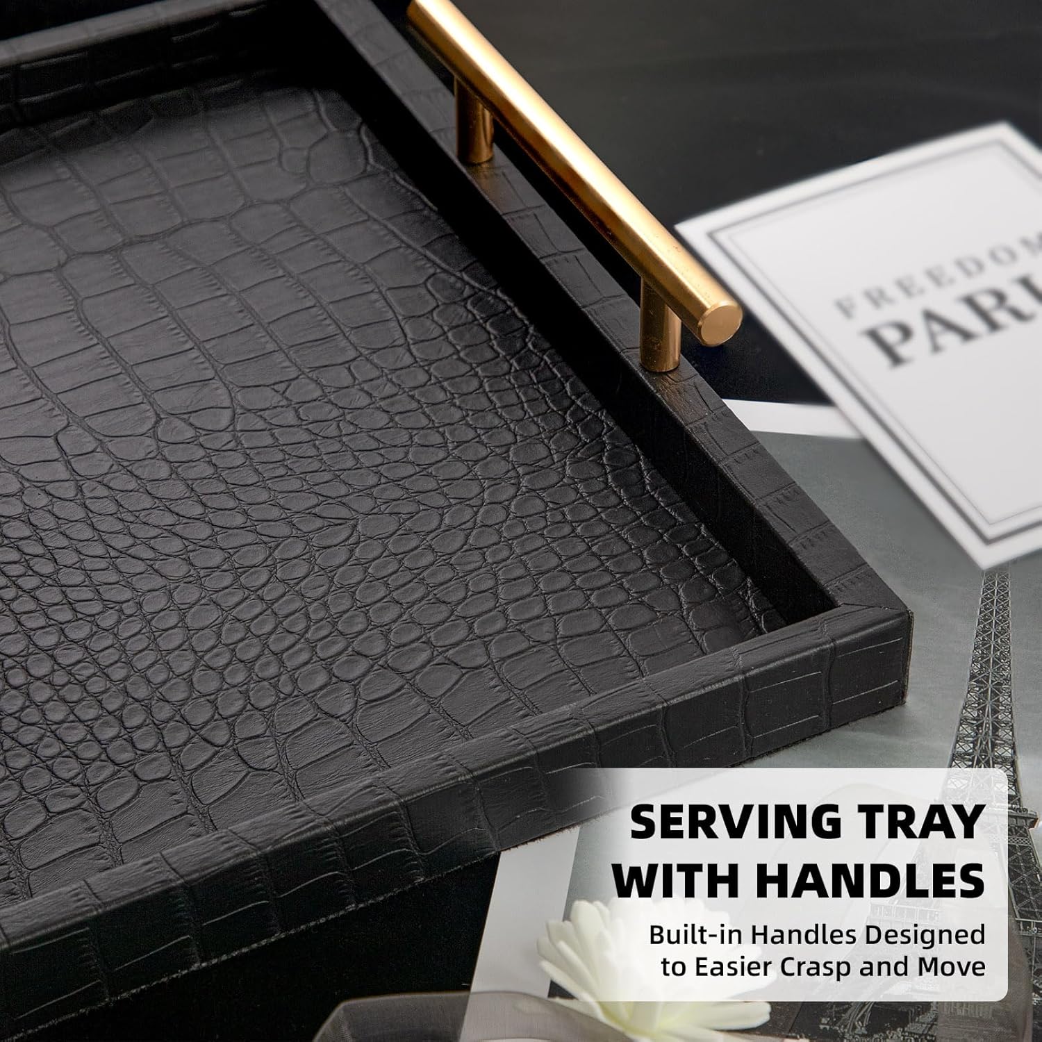 Modern Elegant Large Wood Serving Tray, Set of 2 Black Crocodile Leather with Gold Polished Metal Handles, Home Decorative Rectangle Ottoman Decor Platter Living Room Bathroom Vanity Tray