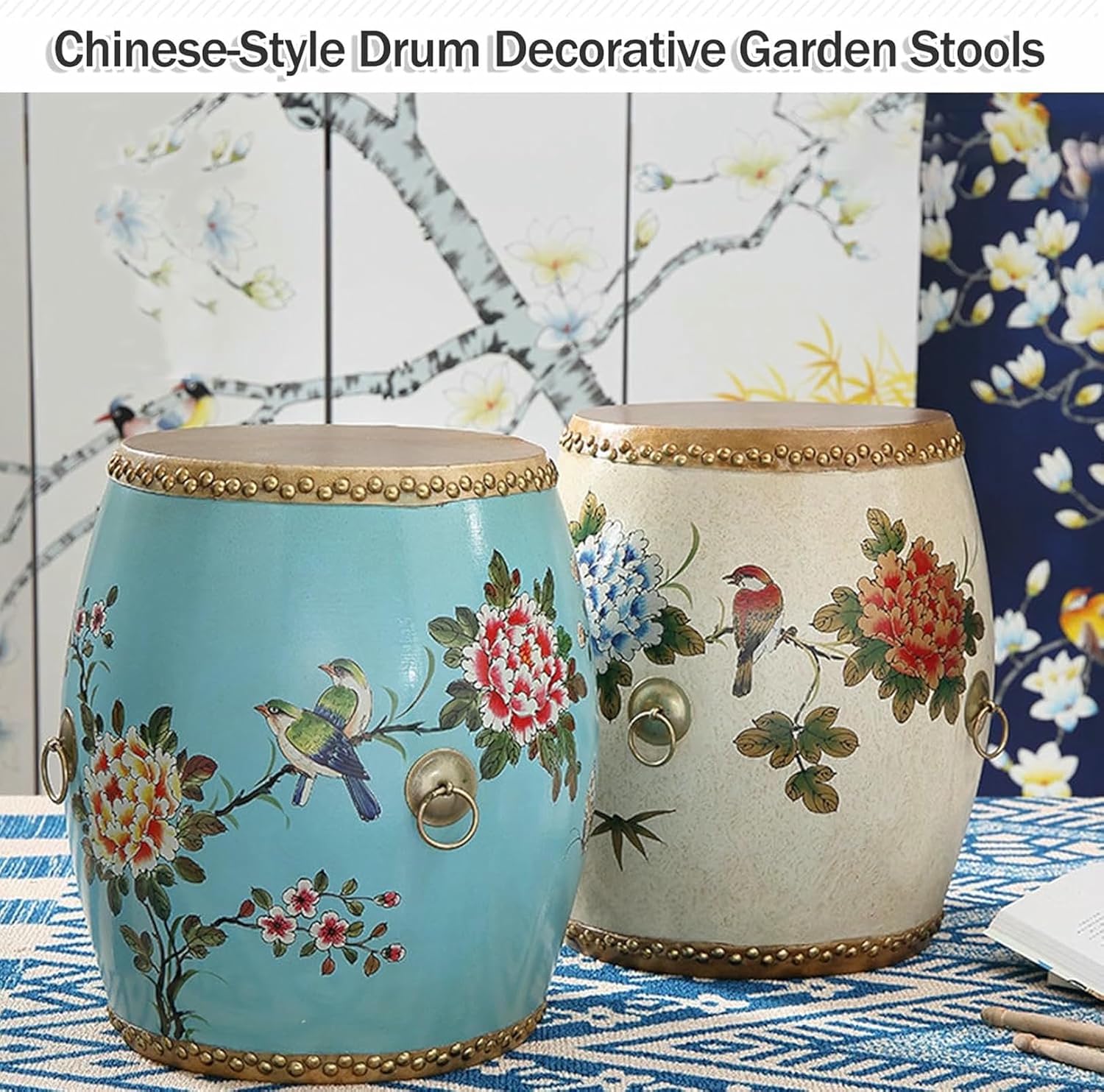 17.7" Chinese Wood Drum Garden Stool, Indoor/Outdoor Side Table, Chinoiserie Decorative, Classical Footstool Plant Stand, for Living Room, Bedroom, Patio