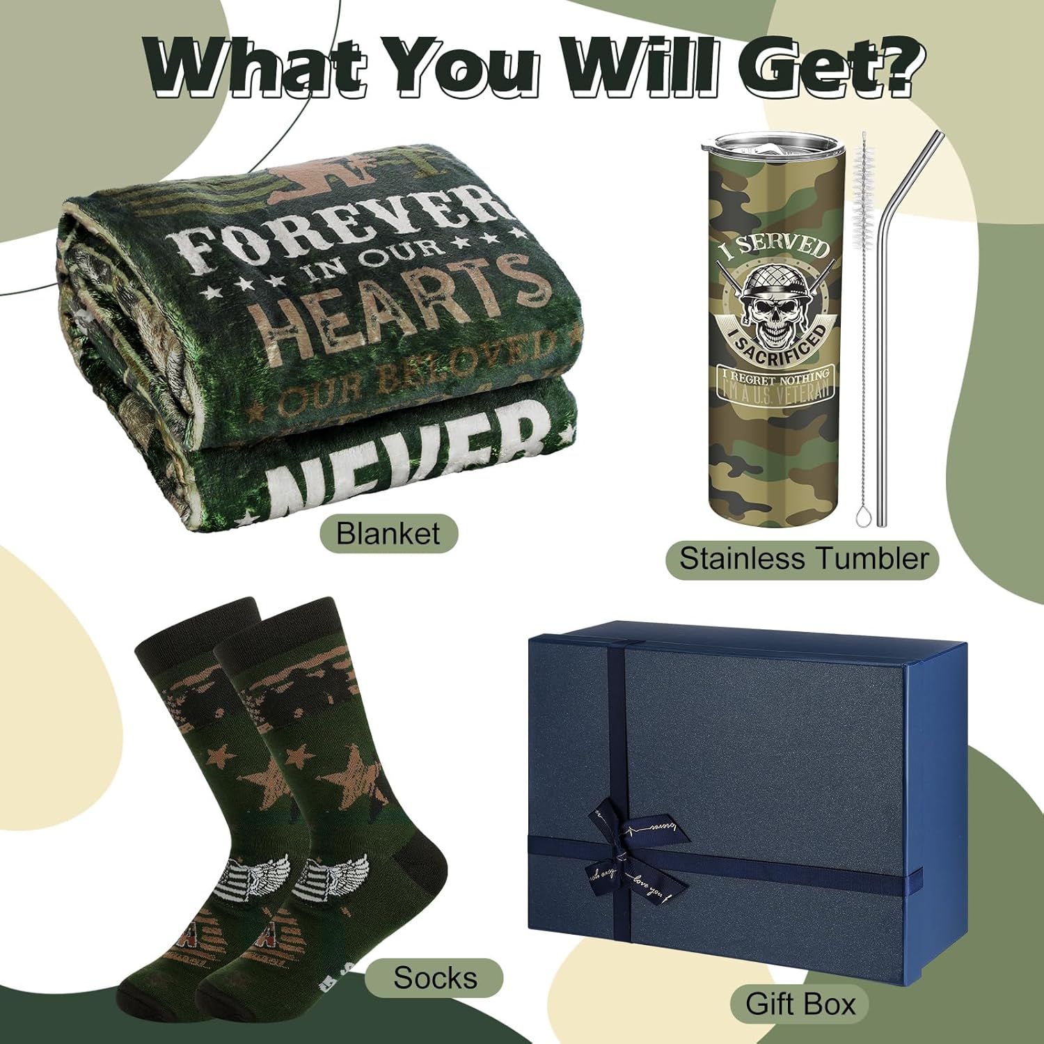 Sieral 4 Pcs Veteran Gift Set for Men Military Gifts Camo Throw Blankets 20 oz Stainless Steel Tumbler Camouflage Soldier Socks Patriotic Army Gifts for Birthday Veteran Day Father