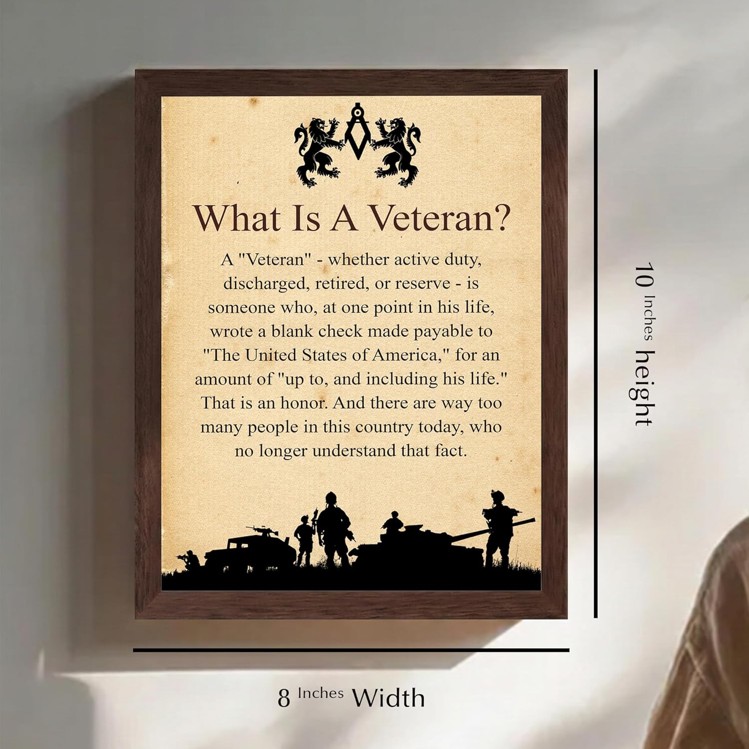 What Is A Veteran Patriotic Wall Art Print - USA Military Silhouette Poster Print for Home, Office, Shop & Restaurant (Brown Framed, 8 x 10 inches)