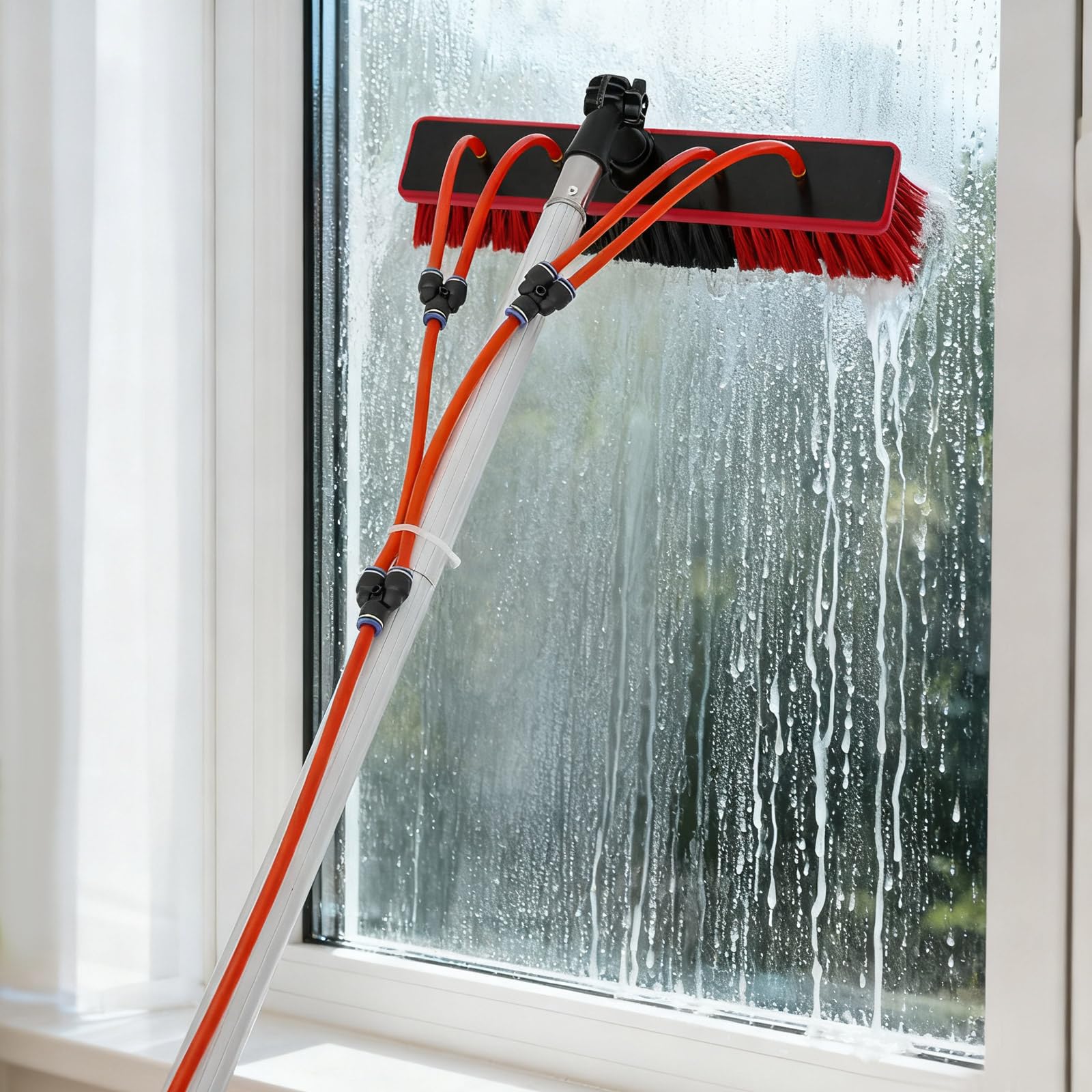 Cepillo de lavado telescópico de 3 m – Limpiador de aluminio PV con conexión de agua y cabezal de cepillo de 35 cm, cepillo de limpieza solar para fotovoltaicos, ventanas, tejados de terraza
