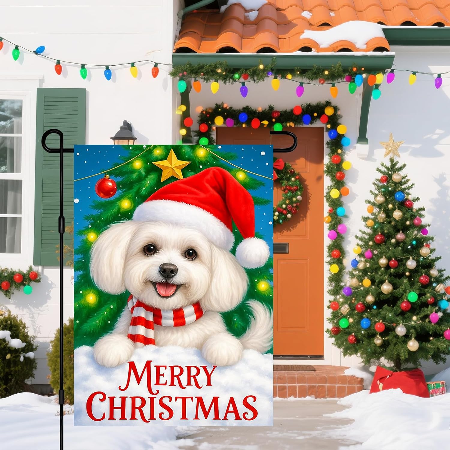 Cute White Dog Merry Christmas Garden Flag 12x18 Inch Double Sided Santa Hat White Puppy Garden Flag Fluffy Maltese Chri stmas Yard Flag for Porch or Lawn Holiday Dog Lover Decoration for Outdoors - Image 8