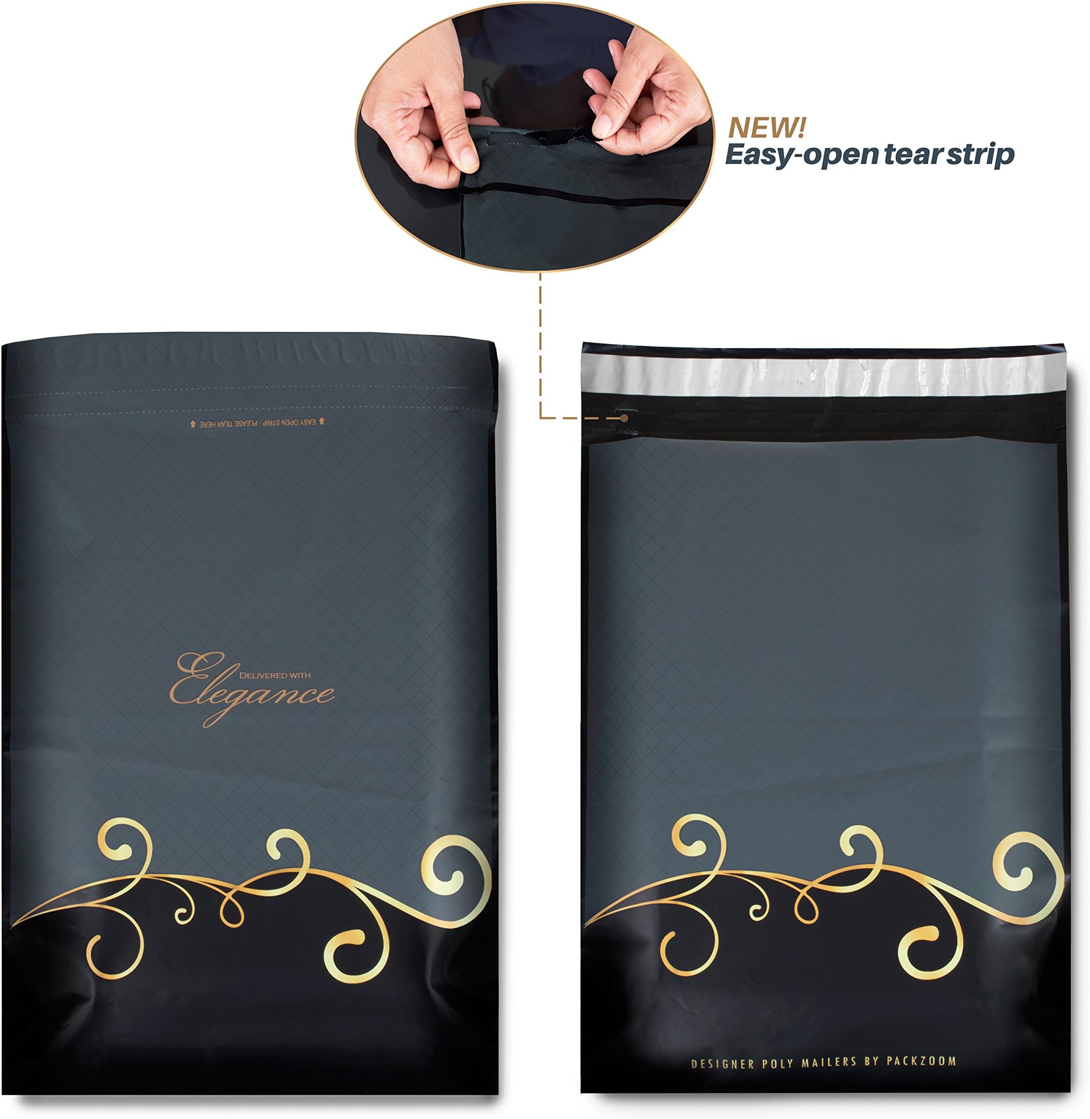 100 6x9 Designer Poly Mailers with Easy-Open Tear Strip, Strong Glue, Anti-Static Release Liner, 2.4 Mil Thickness - Envelopes Mailing Shipping Bags with Design (Black & Gray)