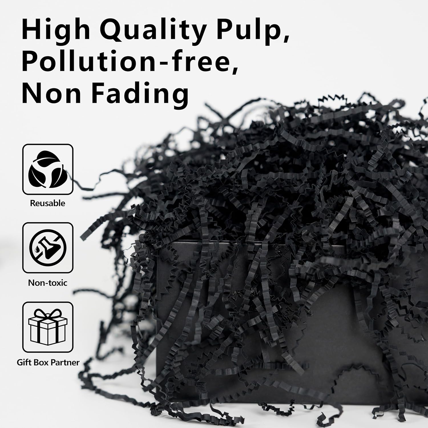 ROSYJUNE 1LB Crinkle Cut Paper Shred Filler, Black Shredded Paper for Gift Baskets Boxes Filling, Birthday Wedding Valentines Day Decoration