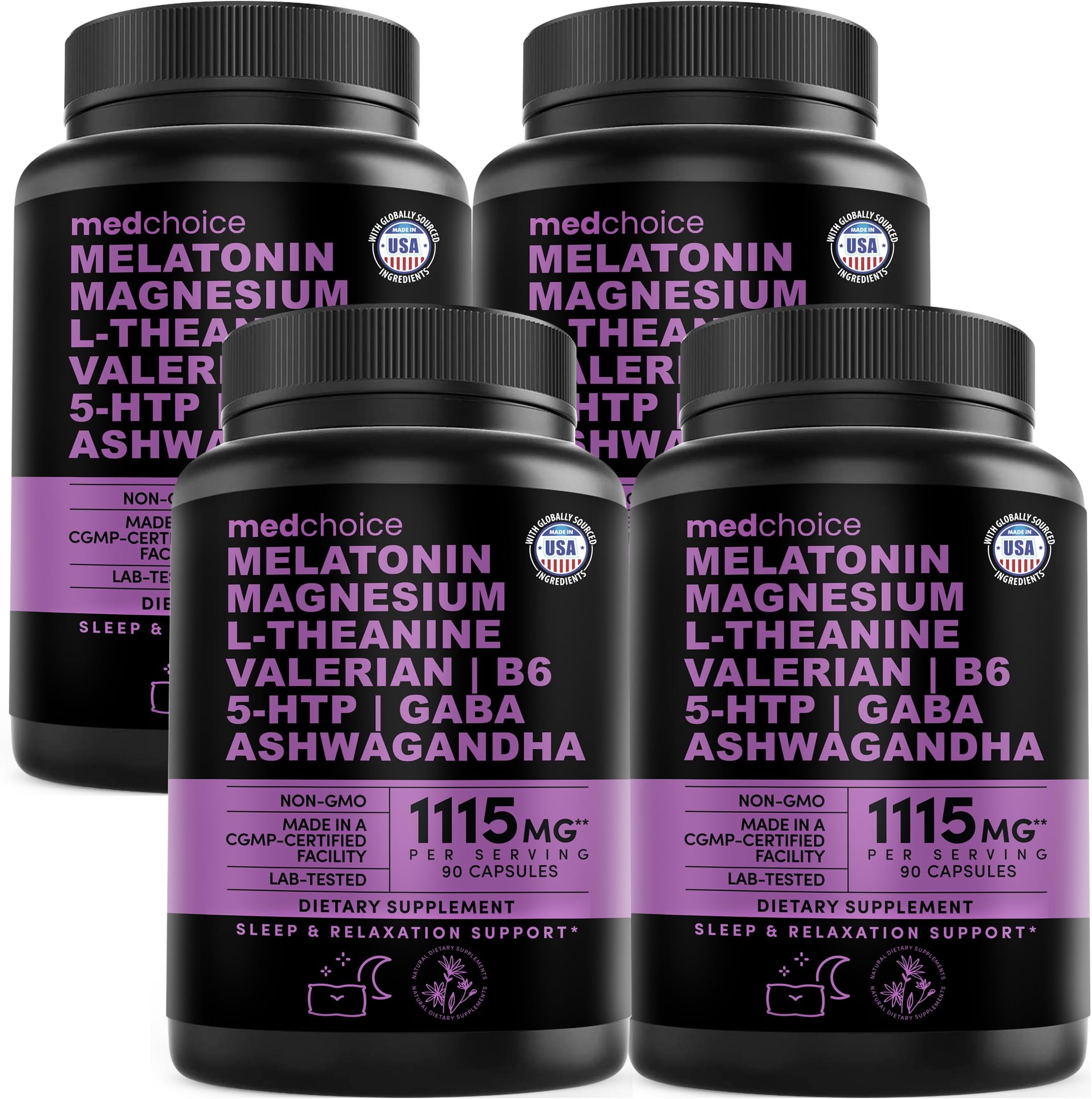 12-in-1 Melatonin Sleep Capsules - Natural Sleep Aids for Adults with Melatonin 5mg and Magnesium Glycinate 500mg, Sleep Aid with Ashwagandha, L Theanine, Valerian Root, GABA, 5-HTP (90ct, Pack of 4)