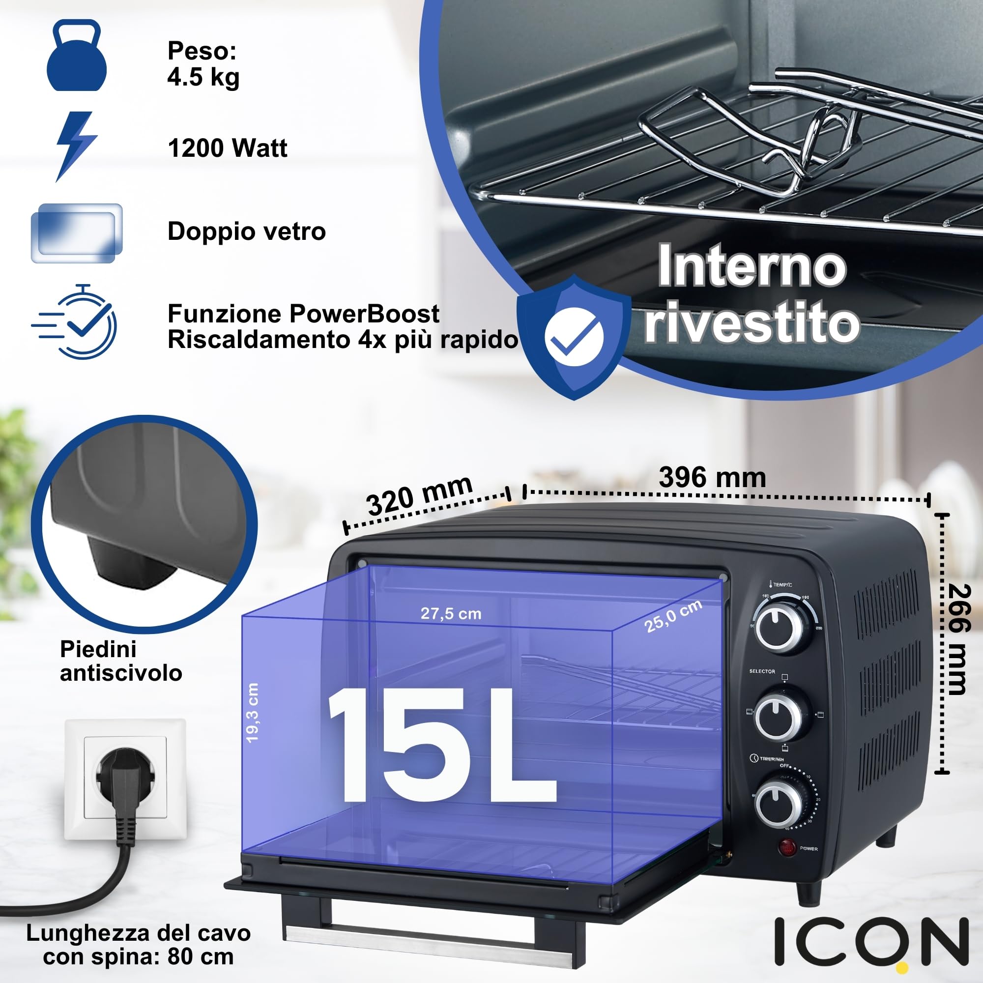 ICQN Mini Forno Elettrico 15L Compatto, 1200W, 3 Funzioni di Cottura, Minuteria 60 min, Termostato 90–230°C, Antracite