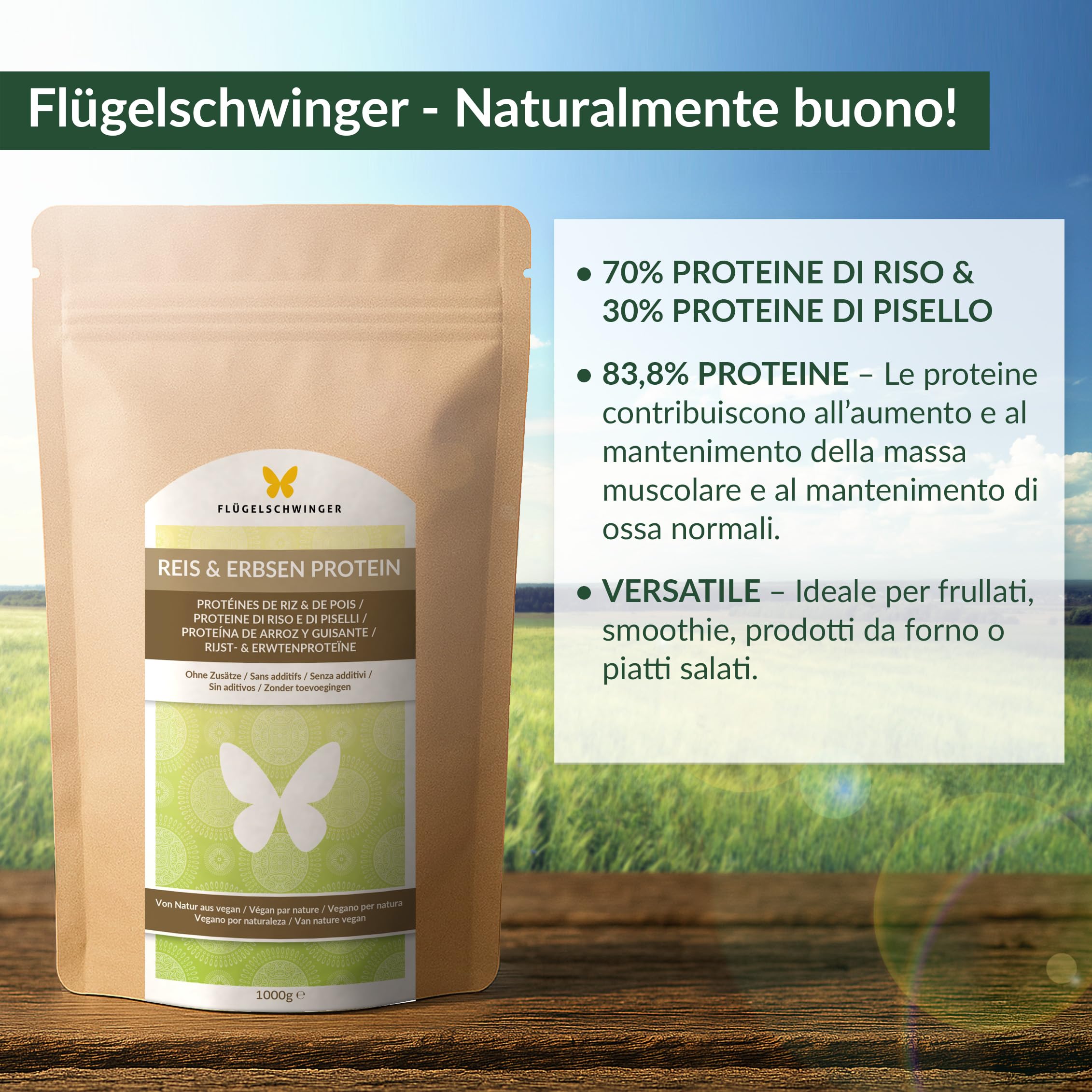 1 kg Proteine di riso & pisello 7:3, 83,8% proteine, senza additivi, 70% proteine di riso & 30% proteine di pisello, naturalmente vegano, senza lattosio & senza soia, gusto neutro (1000 g)