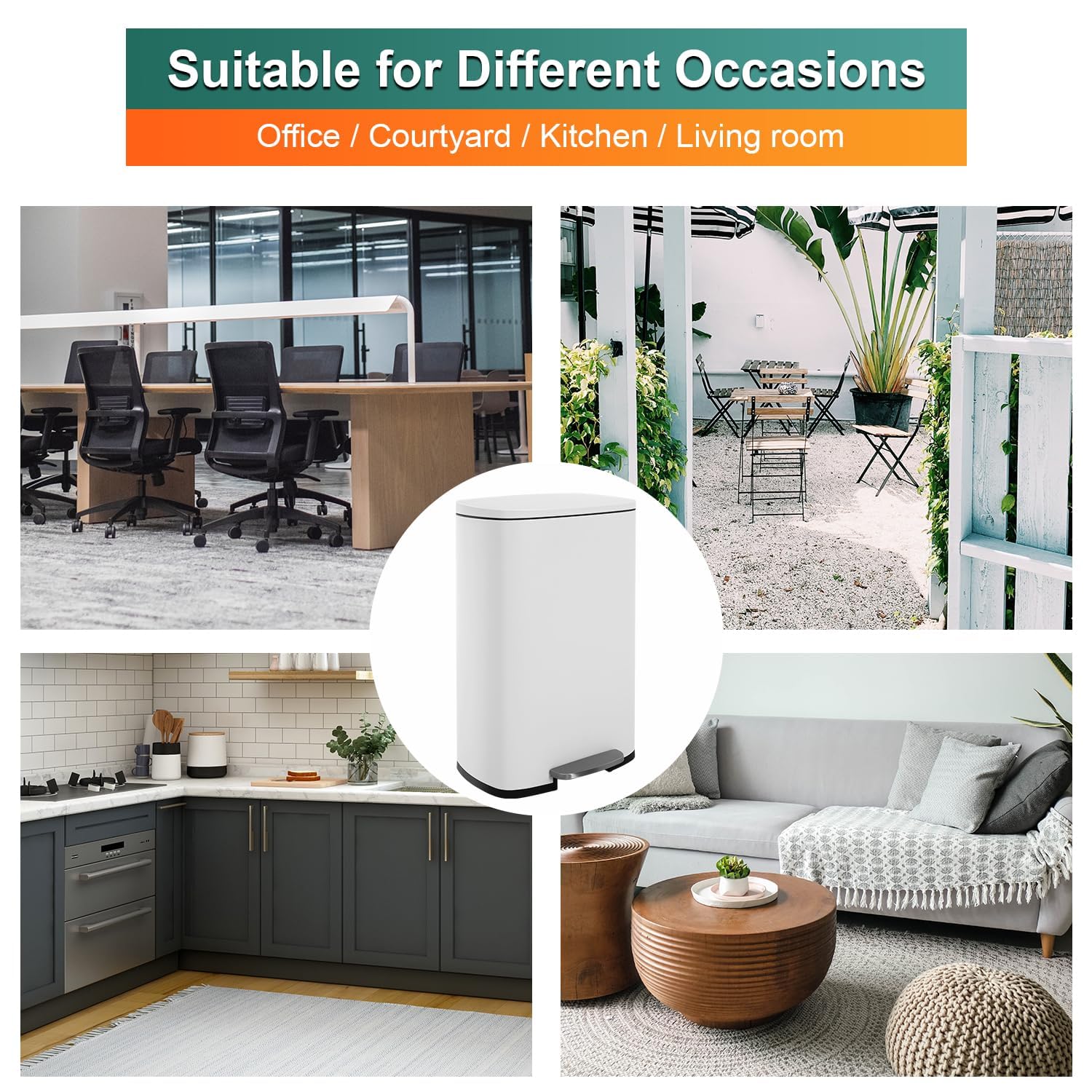 13 Gallon/50 L Kitchen Trash Can, Stainless Steel Garbage Can with Lid, Foot Pedal and Inner Bucket, Fingerprint-Resistant Soft Close Lid Waste Bin for Office | Bedroom | Bathroom, White