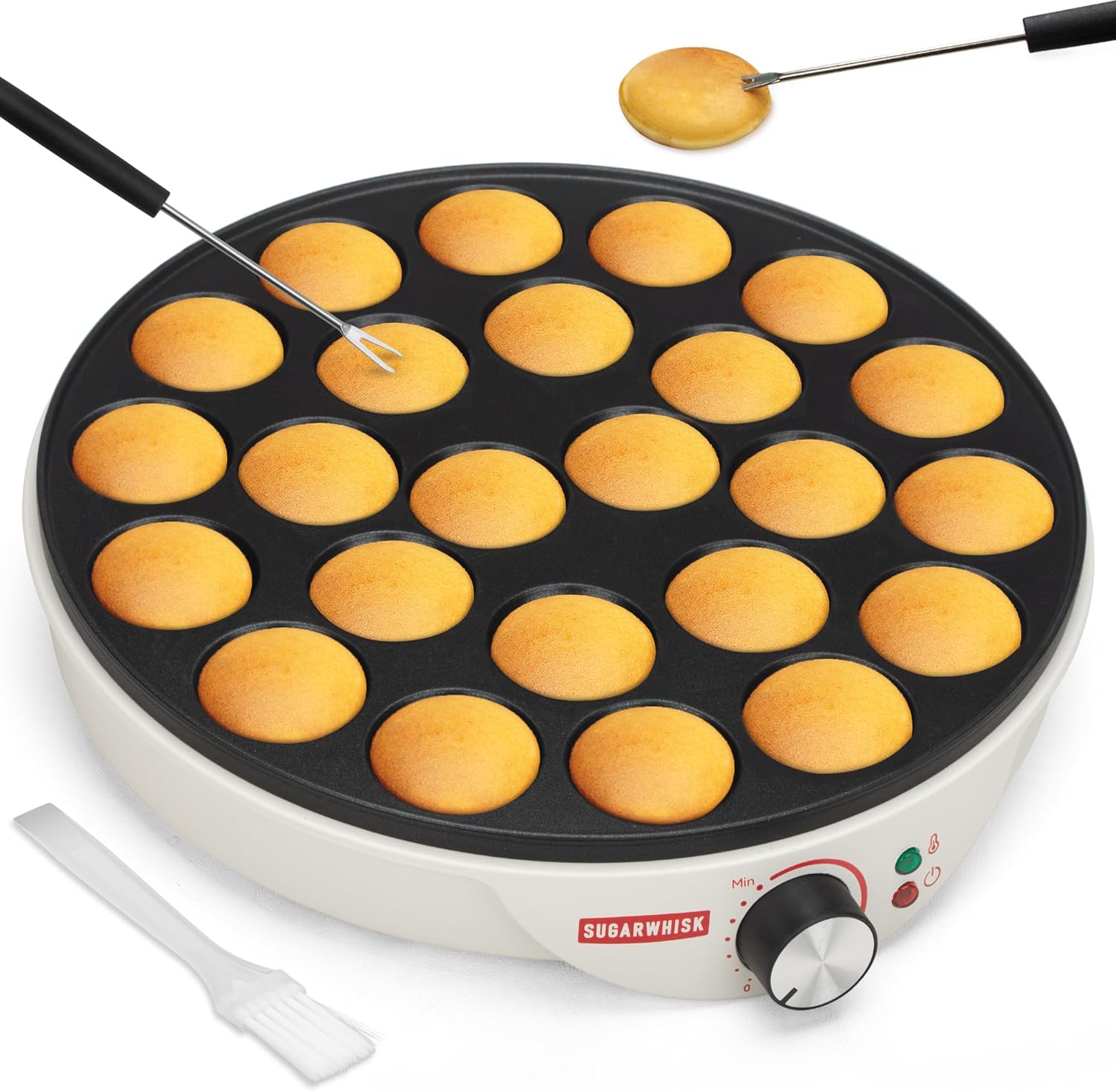 24 Slots Mini Pancakes Maker, Poffertjes Maker Pan, Thin Ebelskiver Aebleskiver Pan, Electric Pancakes Maker, Dutch Pancake Machine, Browning Controllable, with Brush & Forks, White