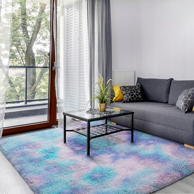 SOANNY Large Rug for Living Room, Soft Fluffy Lounge Rugs For Living Room Bedroom Dorm Nursery Kids Room, Luxury Tie-dyed Shag Throw Area Rug Decor Carpet, Teal Purple, 150x240 cm