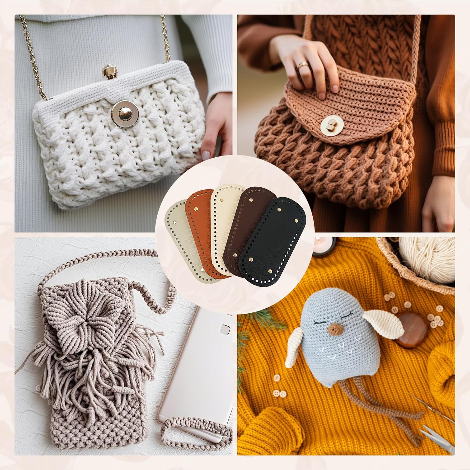 5 Pack Purse Leather Bottoms for Crocheting,10x4.7 in Bag Bottom Base for Crochet,Leather Nail Bottom Shaper Pad for DIY Crochet Bag Shoulder Tote Purse Handbag Bags Cushion Base