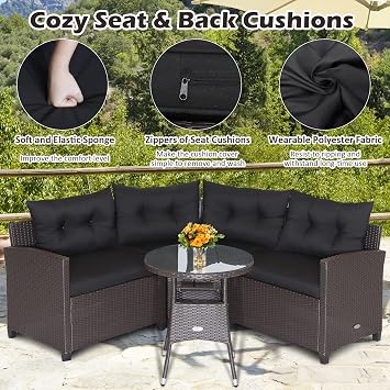 Tangkula 4 Piece Outdoor Sectional Sofa Set, Half-Moon All Weather Heavy Duty Corner Patio Furniture Set with Round Side Table, Soft-Padded Cushions, for Backyard, Poolside, Deck (Black)
