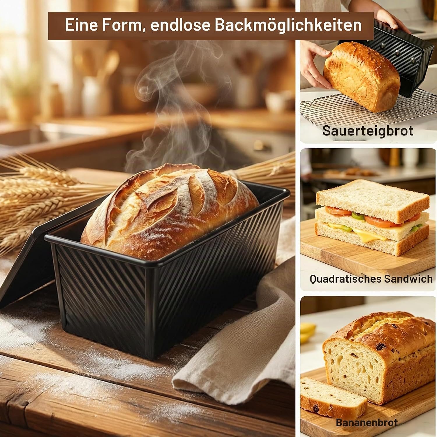 2 Stück Brotbackform mit Deckel, 450g & 1000g, antihaftbeschichtete Pullman Toastbackform in Schwarz