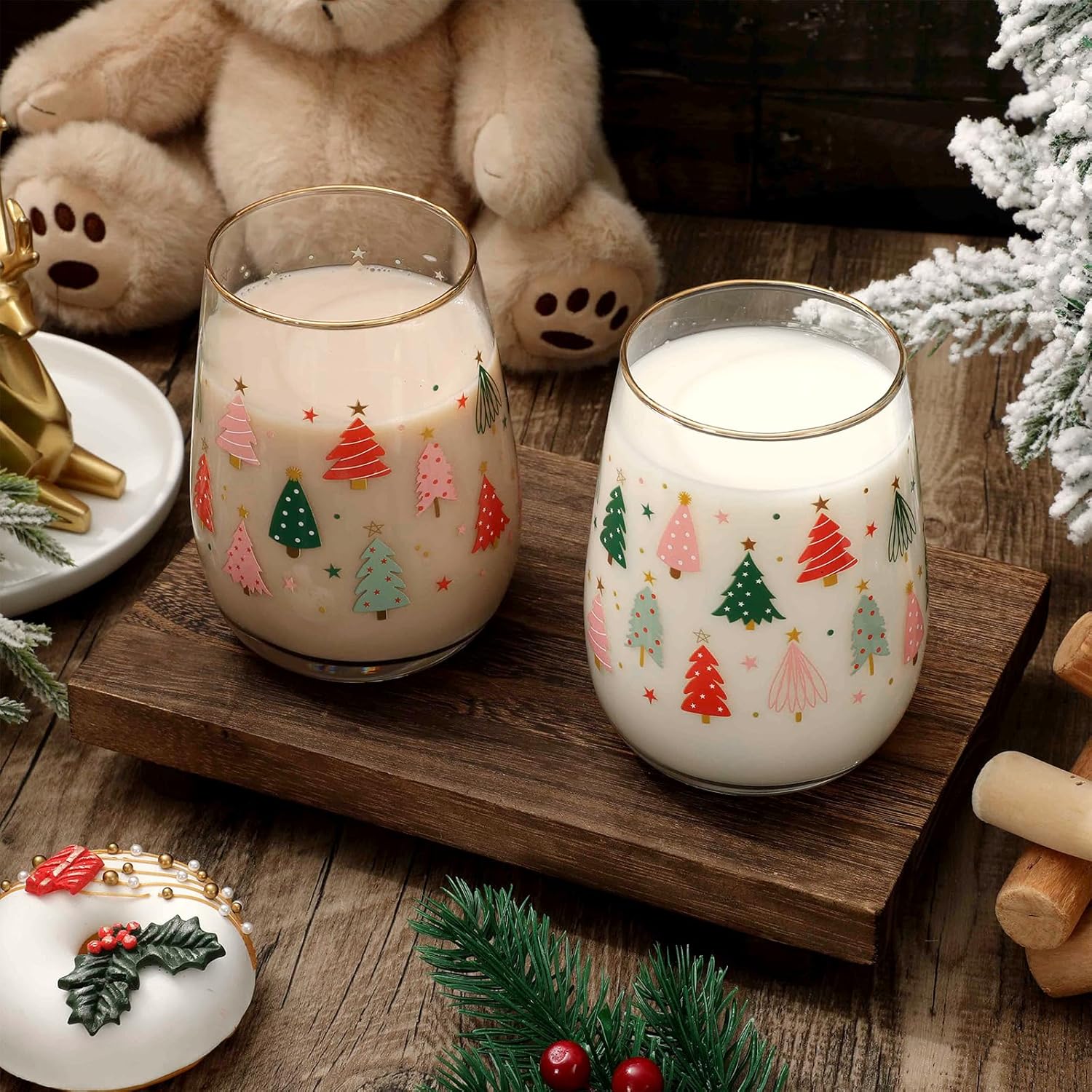 Whaline 2Pcs Christmas Stemless Wine Glasses with Gold Rim 17oz Boho Christmas Tree Drinking Glasses Pink Green Tree Tumbler Cups for Xmas Winter Party Supplies