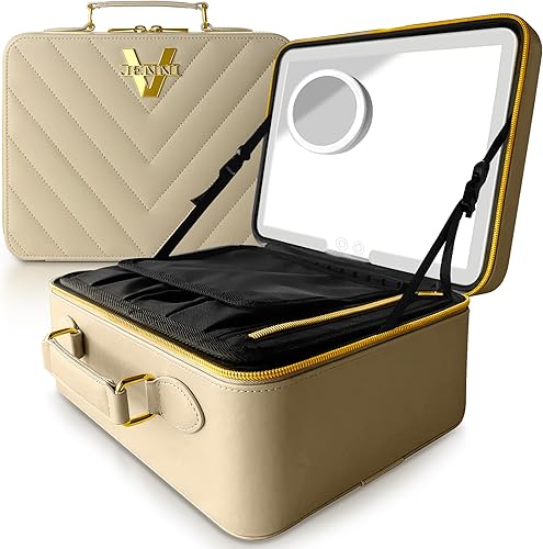 Miniatura 1 de JENNI V Bolsa de maquillaje de piel sintética de lujo con espejo iluminado, 3 ajustes de brillo, divisores ajustables  Reemplaza tu voluminoso