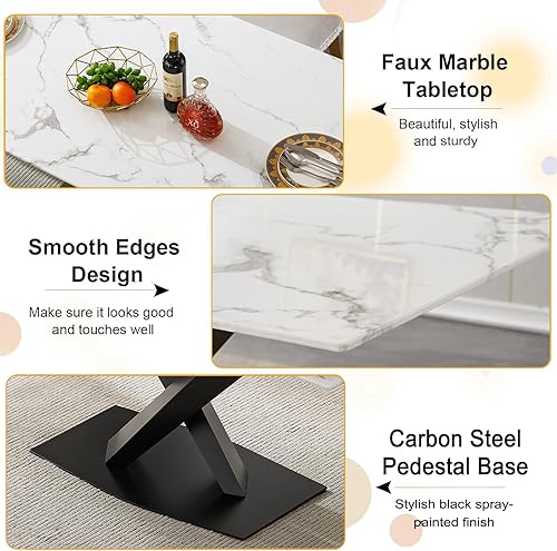Miniatura 5 de Juego de mesa de comedor de mármol blanco para 6, 70 pulgadas, mesa de comedor de mármol blanco con 6 sillas de terciopelo beige y base de acero al