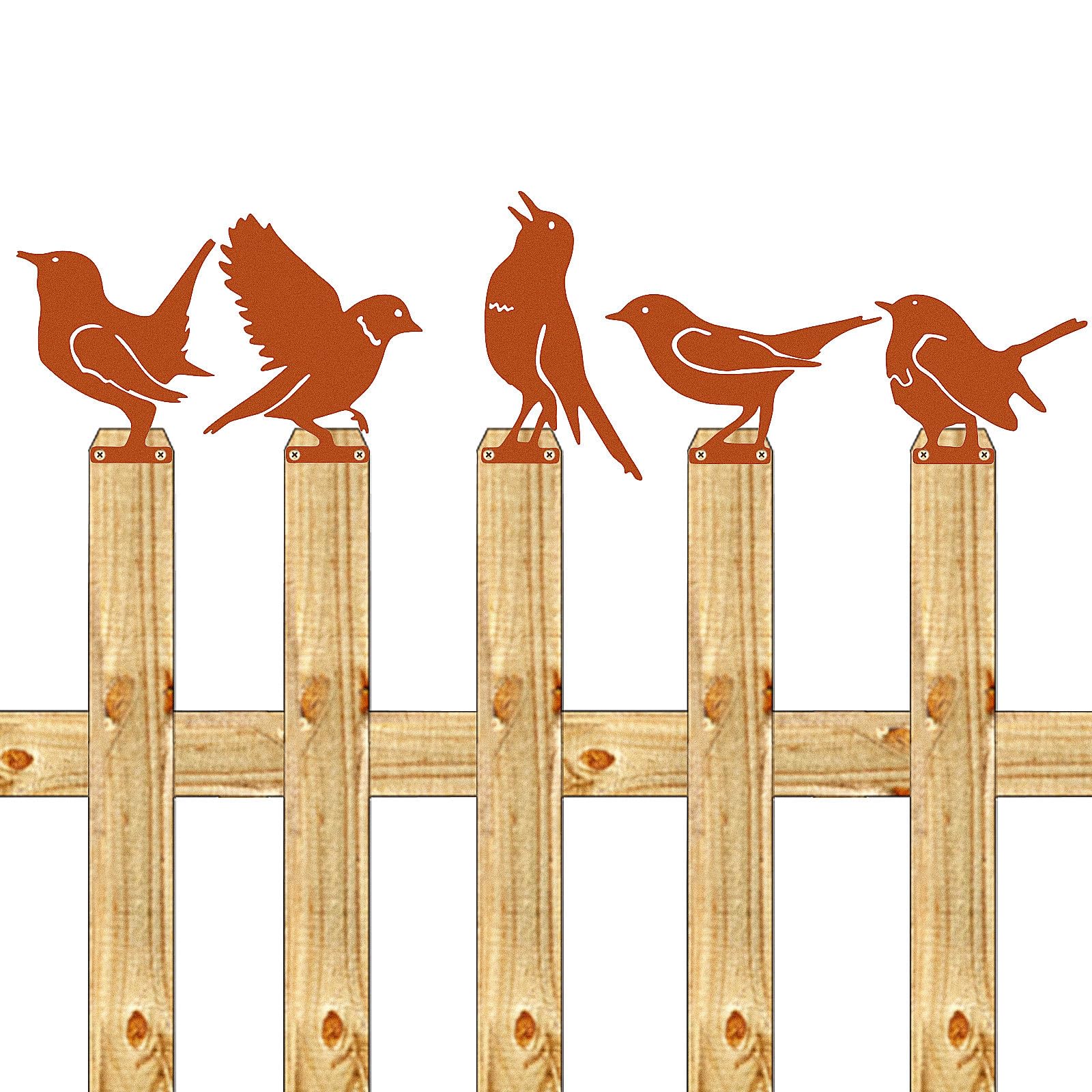 Pájaros de hierro para jardín con acabado artesanal rústico en un pack de 5 piezas exclusivas