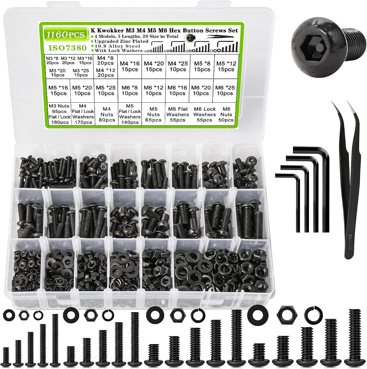 1160Pcs M3 M4 M5 M6 Nuts and Bolts Assortment Kit 20 Size 8MM to 25MM Upgraded Zinc Plated Hex Button Head Cap Metric Machine Screws, 12.9 Alloy Steel Bolts and Nuts Kit with Lock Washers