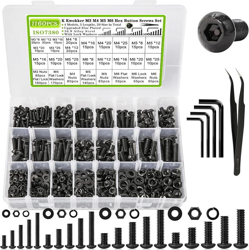 1160Pcs M3 M4 M5 M6 Nuts and Bolts Assortment Kit 20 Size 8MM to 25MM Upgraded Zinc Plated Hex Button Head Cap Metric Machine Screws, 12.9 Alloy Steel Bolts and Nuts Kit with Lock Washers