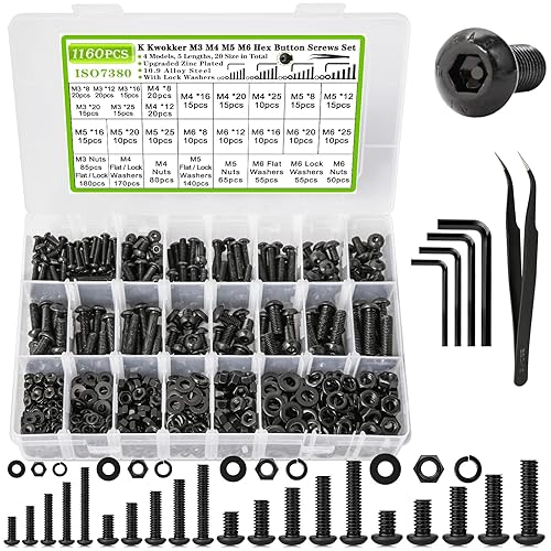 Juego de 1160 piezas de tuercas y pernos M3 M4 M5 M6, 20 tamaños de 8 mm a 25 mm, pernos métricos de cabeza hexagonal con botón de rosca, chapa de