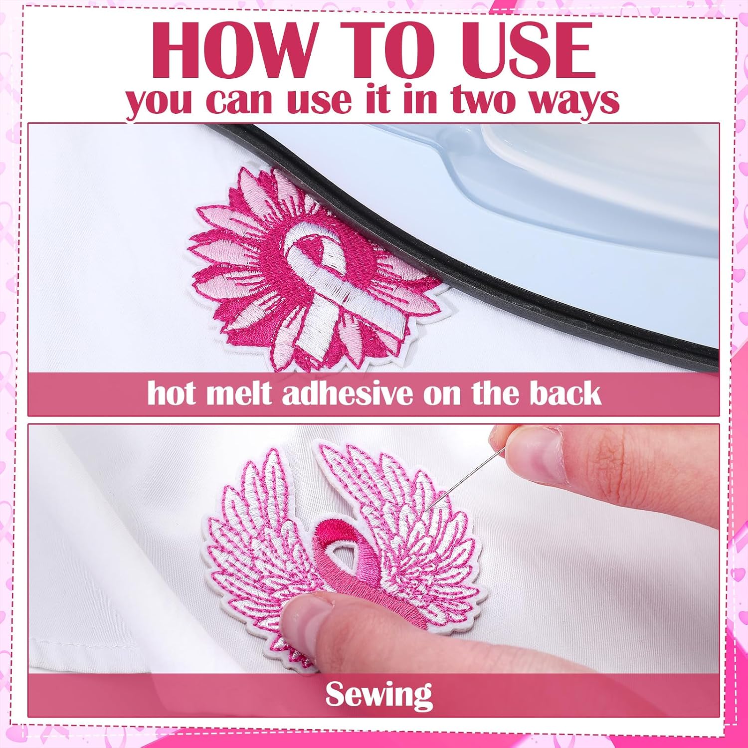 Chicingyou 72 Pcs Pink Ribbon Breast Cancer Awareness Iron on Patches Pink Red Sew Iron on Repair Embroidered Applique Patches DIY Crafts Accessories Gift for Women Survivor Clothing Hat T Shirts