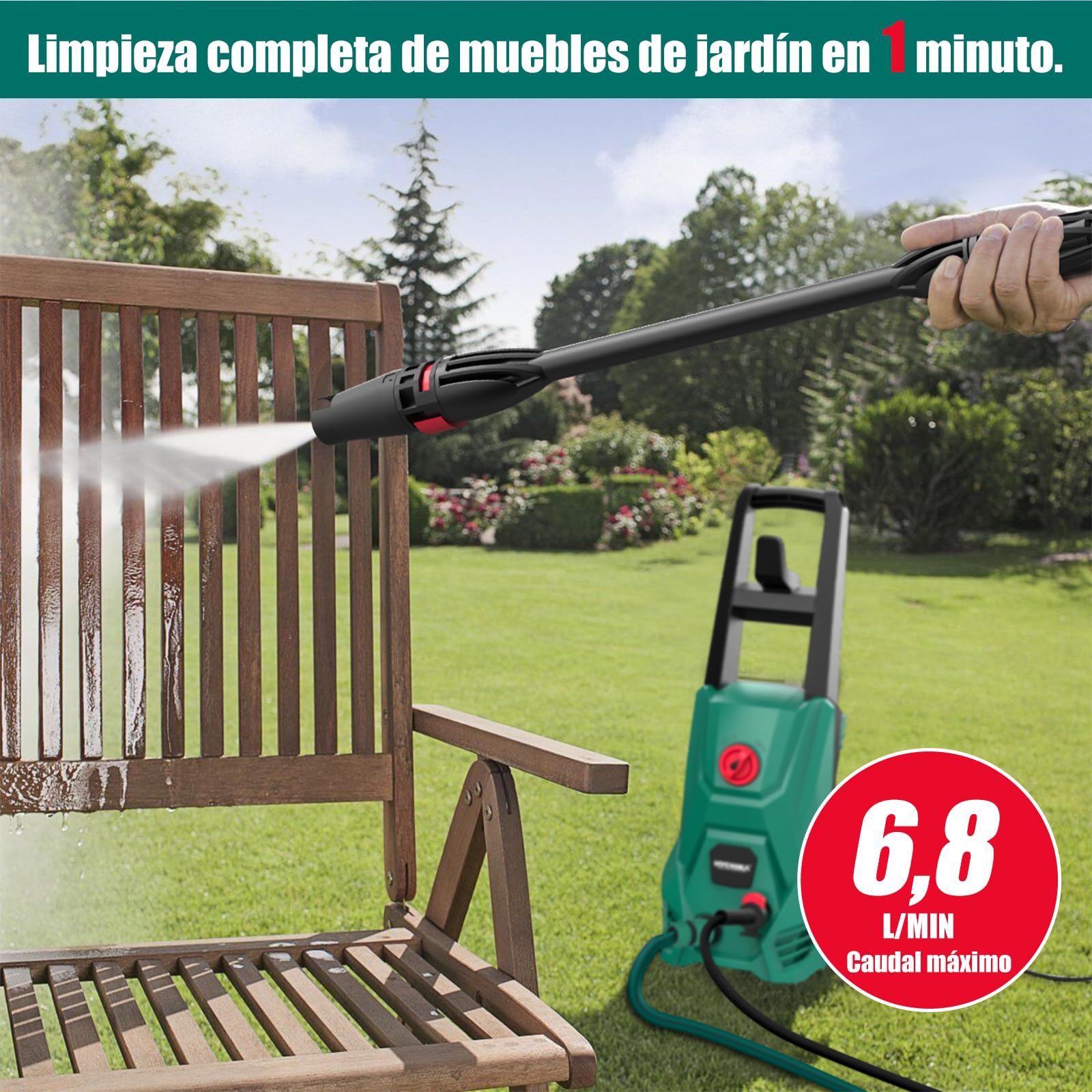 HYCHIKA Hidrolimpiadora, 110 Bar Max. 410 l/h Caudal 1500W Lavacoches Portátil con Depósito de Espuma, Manguera de Alta Presión 5m, Cable 5m, hidrolavadora Ideal para Coches Vallas Patios