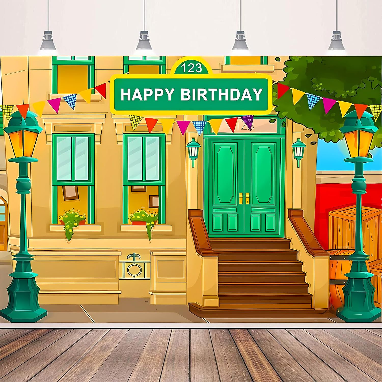 Photography Backdrop Happy Birthday Cartoon Street Theme Brick Wall Children's Party Baby Shower Decoration Photo Booth Props 7 x 5 Ft