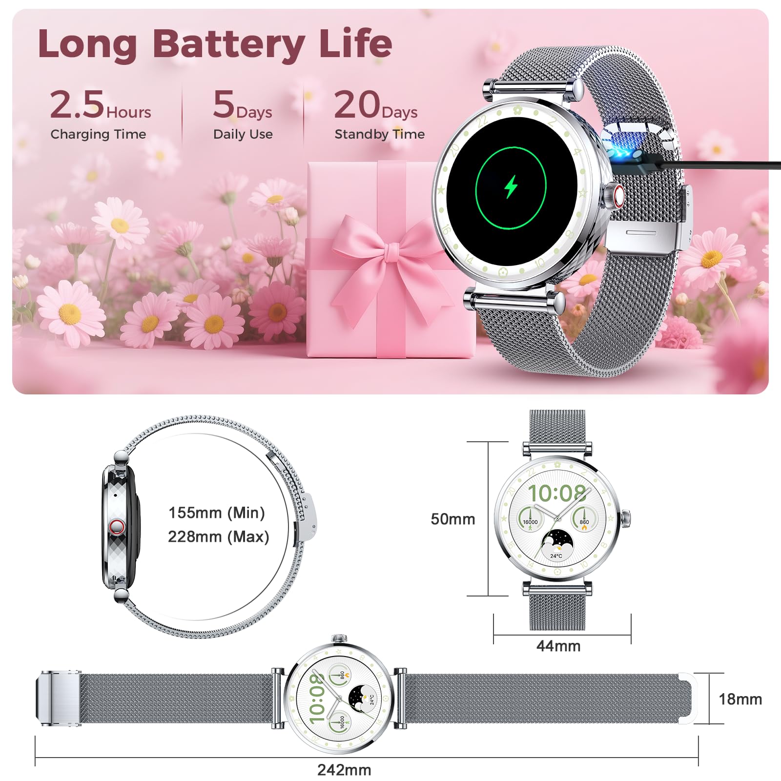 Matast Montre Connectée Femme Appel Bluetooth 1.19" AMOLED Smartwatch Santé Cycle Menstruel SpO2 Suivi Sommeil 110+ Modes Sport IP68 Étanche