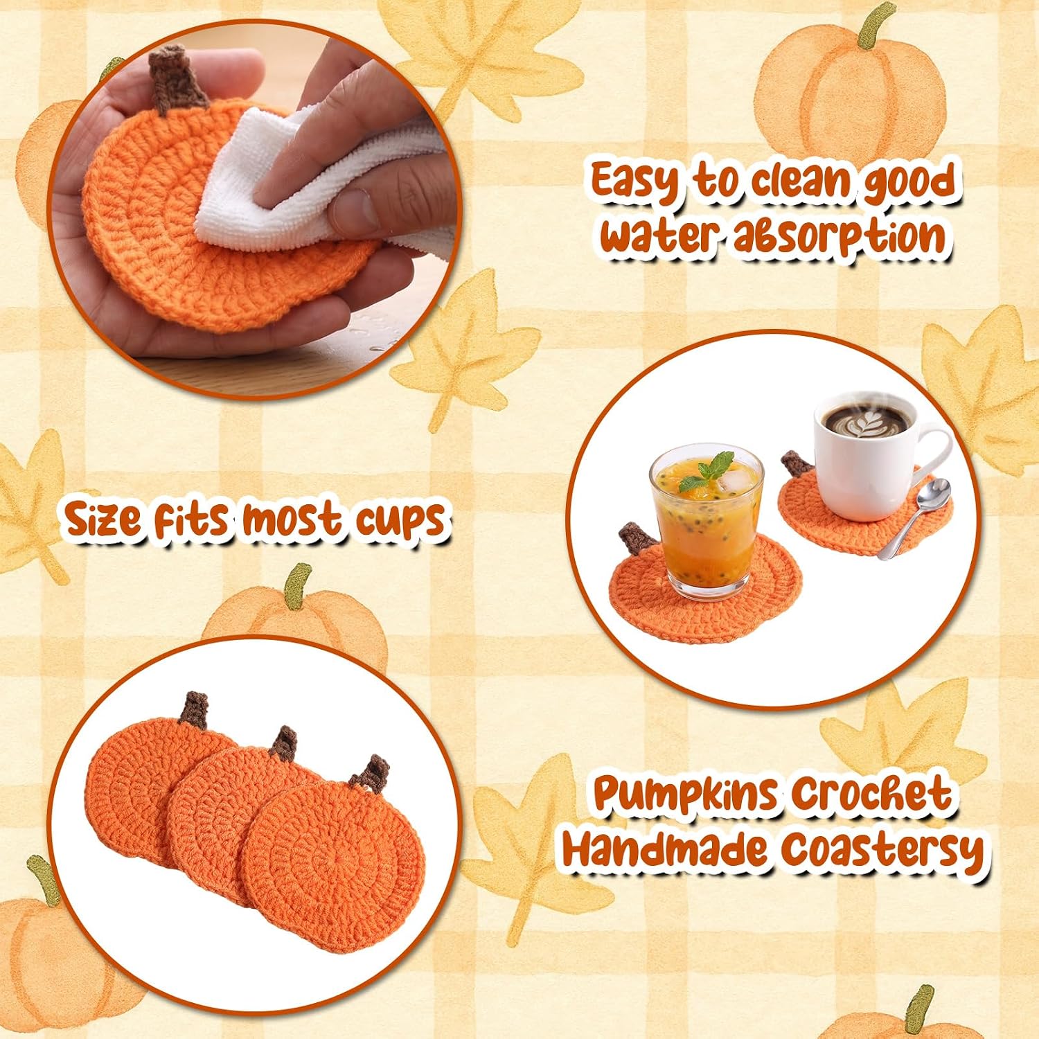 Fall Coasters Set of 6 Pumpkin Drink Coasters Kitchen Decor