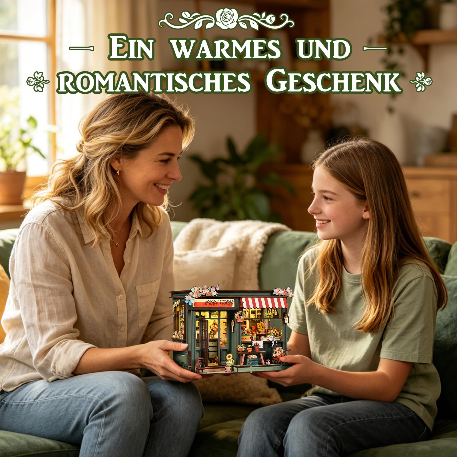 Book Nook Kit – DIY Miniatur Blumenladen Aura Verde – Kreativer Book Nook Bausatz – 3D Holzpuzzle Bücherstütze mit LED-Licht – Romantische Dekoration & Geschenk