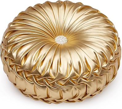 EUCIOR Gold Throw Pillow, Round Pillow, Pumpkin Pleated Handmade Throw Pillow, Gold Pillow, Smooth Metallic Leather Decorative Pillow for Home Decoration Bedroom Living Room Couch Bed Sofa