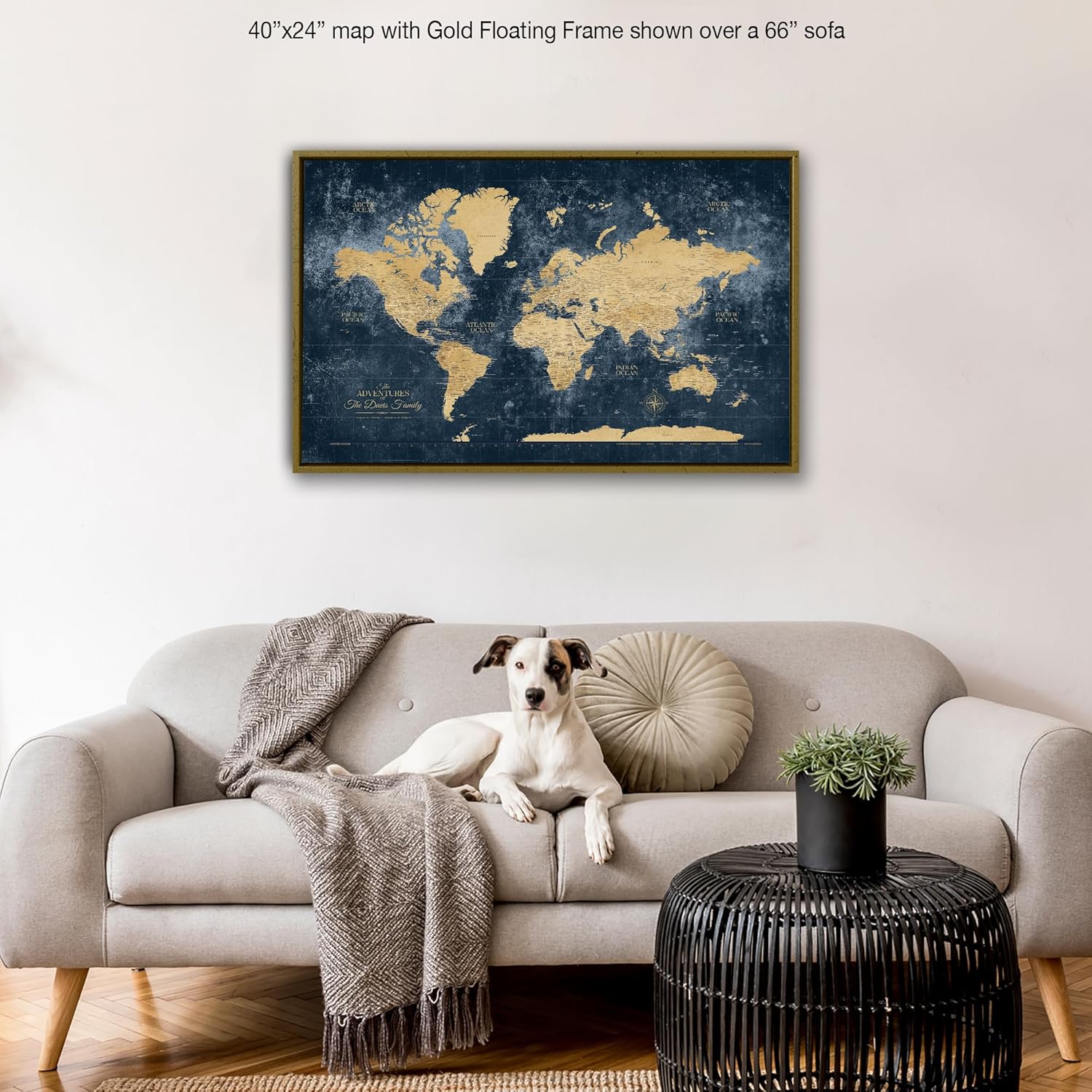 HolyCowCanvas Gold & Navy World Travel Map with Pins, Personalized World Map Pin Board to Track Places Visited, Customized Travel Tracker (40x24, Gallery Wrapped Canvas)