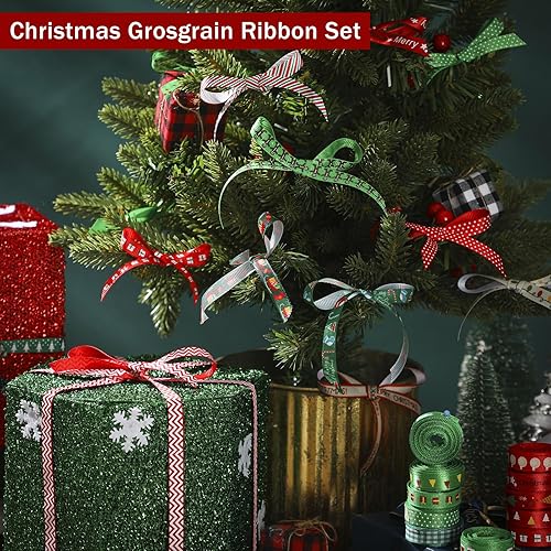 Miniatura 5 de Yuxung 50 rollos de cinta fina de Navidad a granel de 0.4 pulgadas, 5 yardas cada rollo de cinta de grogrén de vacaciones para festivales de