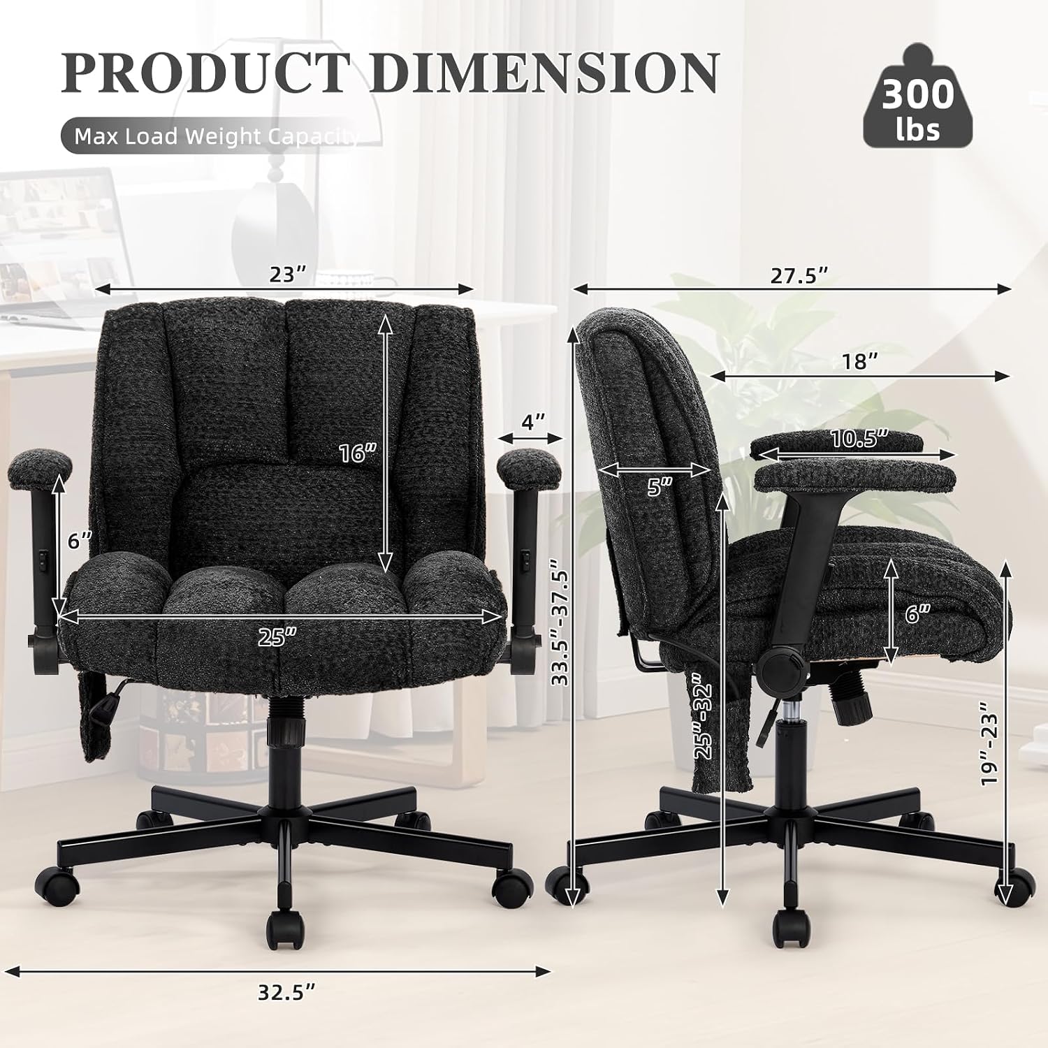 Criss Cross Legged Office Chair with Flip-Up Arms and Wheels, Wide Seat Desk Chair with Built-In Dynamic Airbag Lumbar Support, Modern Cross-Leg Chair for Home Office, Apartment, Vanity, Black
