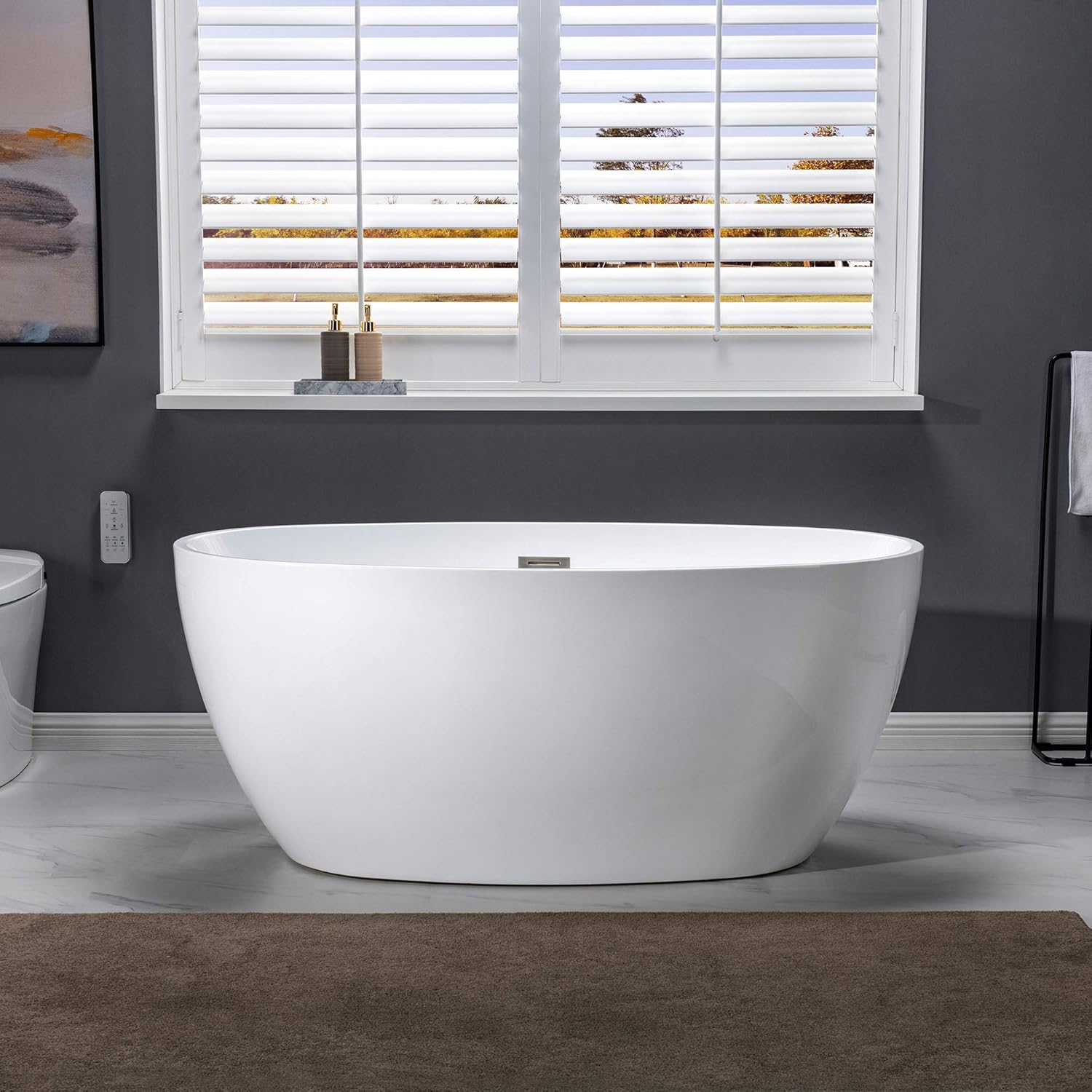 WOODBRIDGE 55" Acrylic Freestanding Bathtub Contemporary Soaking White Tub with Brushed Nickel Overflow and Drain,BTA1418 -B/N-Drain &O