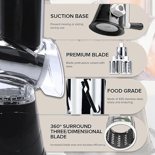 Miniatura 6 de Rallador rotativo de queso y trituradora de verduras, tres cuchillas, manivela manual, nueces, frutas, papas y zanahorias, base de succión mejorada,