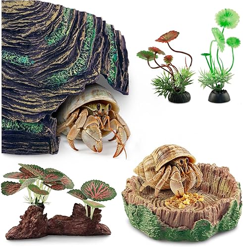 Hermit Crab Accessories Kit 5 PCS, Exclusive Hiding House + Food/Water Bowl + 3 Artificial Plants, Naturalistic Terrarium Decor for Hermit Crabs (Not for Large Reptiles)