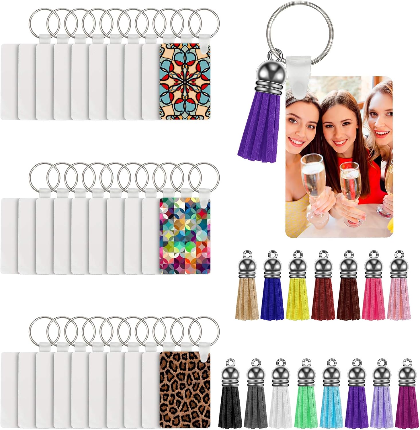 Hicarer Sublimation Keychain Blanks Rectangle Heat Transfer Keychain with Colorful Tassel for DIY, Single-Side Printing (30 Pieces)