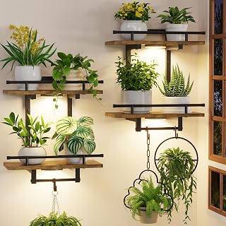 iDavosic.ly Wall Plant Holder with Grow Lights Set of 2, 2 Tiers, Brown