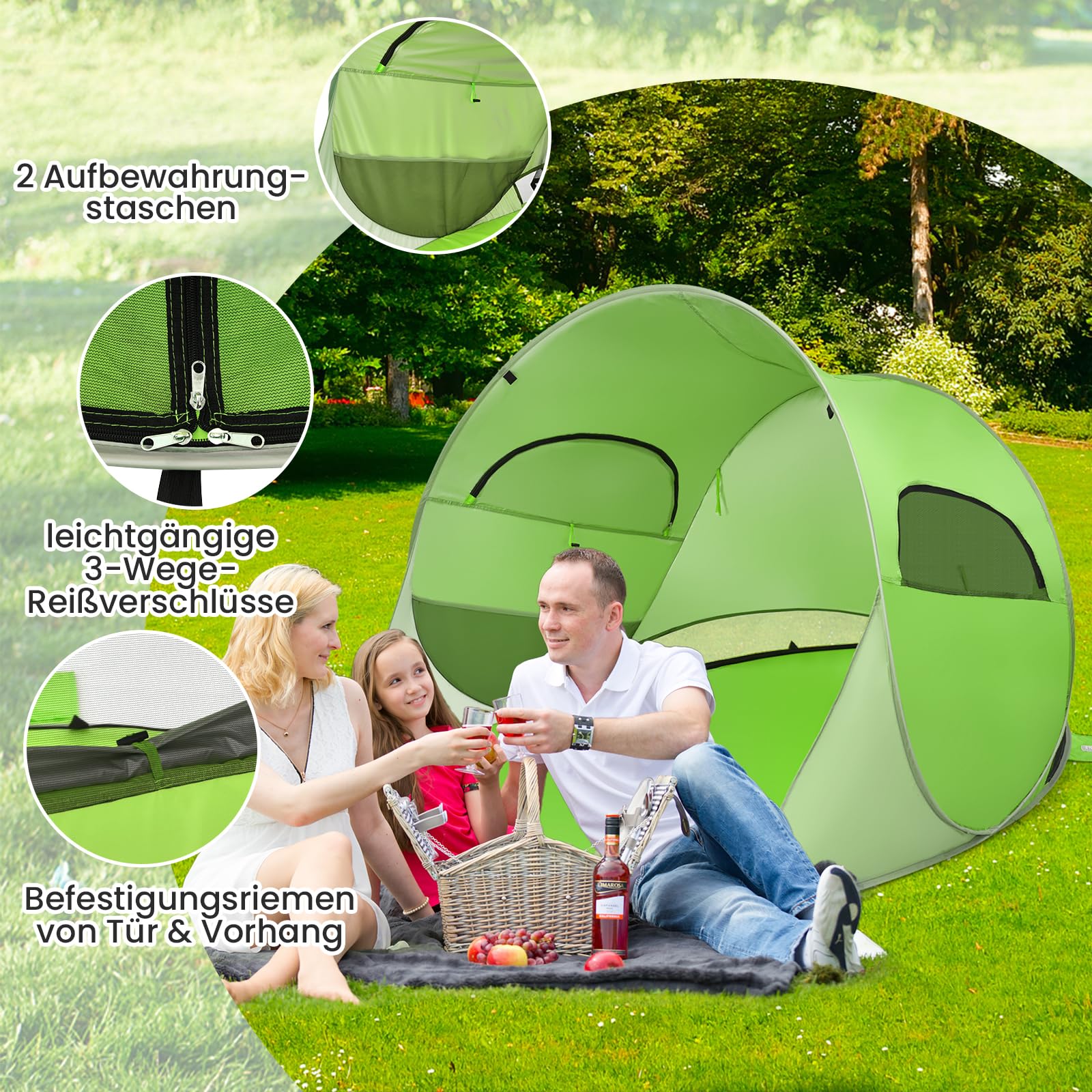 GOPLUS Strandmuschel, Pop Up Strandzelt für 3-4 Personen, Wurfzelt mit Sonnenschutz Windschutz, leicht tragbar mit Tragetasche, Sonnenzelt für Familie, Strand Camping Rasen Garten (Grün) Sport & Freizeit