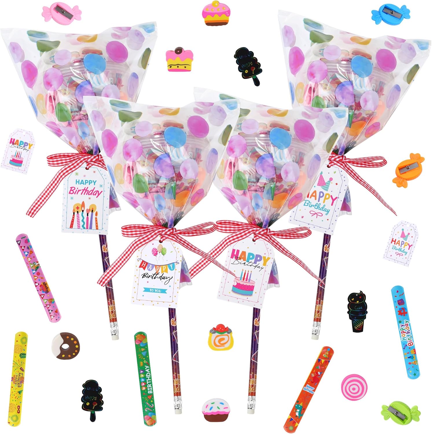 Aneco 24 Birthday Party Favors Stationery Gifts Set, Giant Lollipop Party Favors with Scratch Art Kits Cards Pencils Stickers Erasers Slap Bracelets Sharpeners for Birthday Party Favors Bags